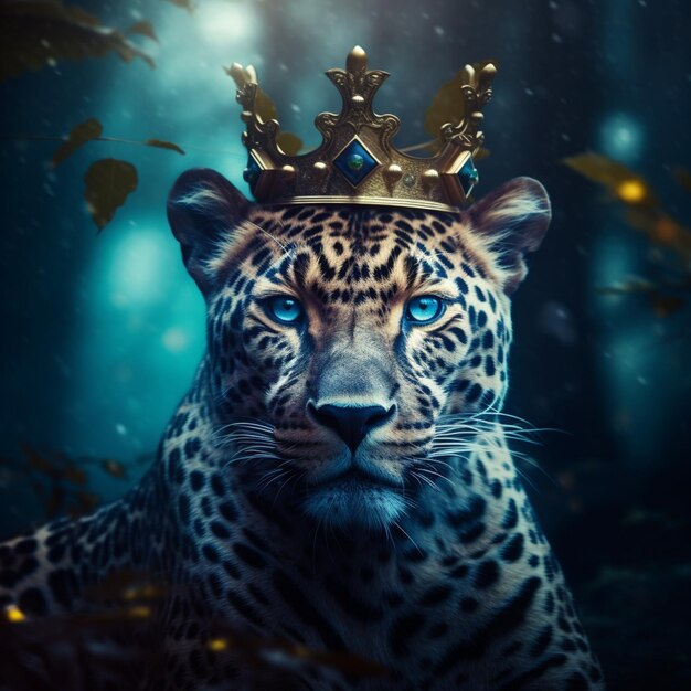 Foto leopardo com uma coroa na cabeça em uma floresta generativa ai