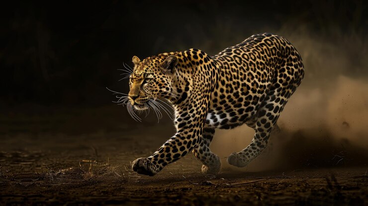 El leopardo corriendo en el polvo