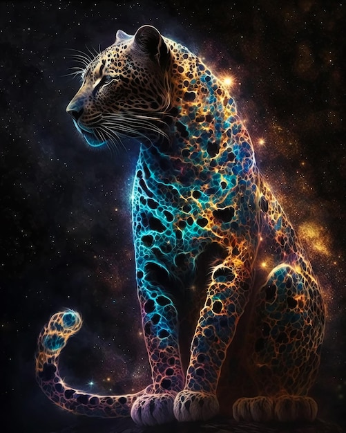 Leopardo cósmico astral. Luz de neón. vistoso. IA generada