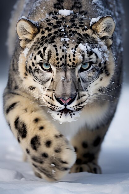 Foto leopardo da neve a caminhar na neve com a boca aberta