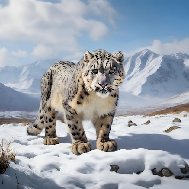 Leopardo da neve vagando pela paisagem de inverno