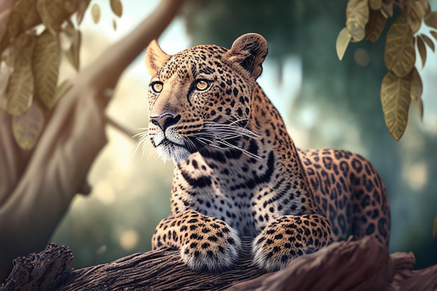 Leopardo deitado em um galho de árvore na selva renderização 3d generativa a