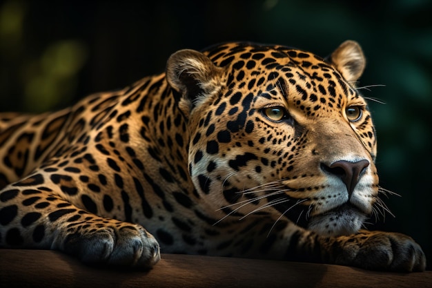 Un leopardo descansa sobre una viga de madera.