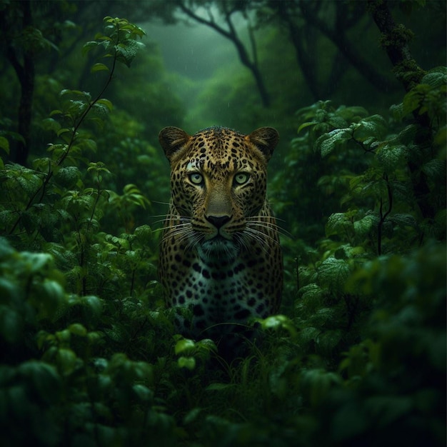 Foto el leopardo desde la distancia es aterrador en el bosque.