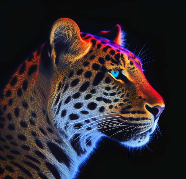 Foto leopardo em fundo preto com luzes de néon azuis e vermelhas