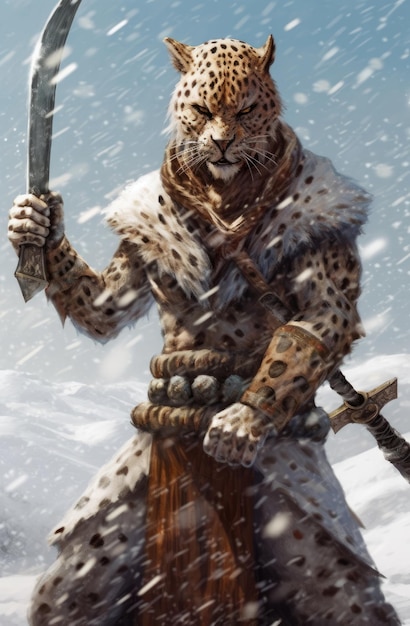 Un leopardo con una espada en la mano está parado en la nieve.