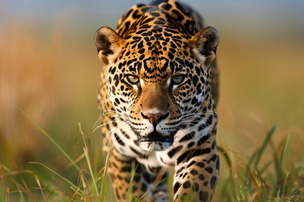 un leopardo está caminando a través de la hierba en la naturaleza