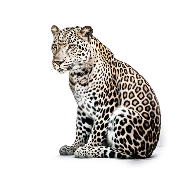 Un leopardo está sentado sobre un fondo blanco con la palabra leopardo.
