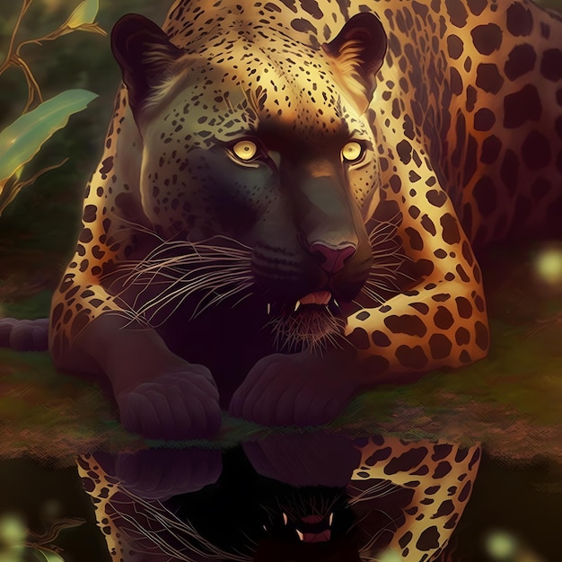 Un leopardo está tirado en el suelo y el reflejo está en el agua.