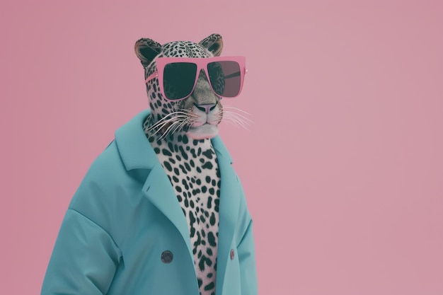 Foto leopardo con gafas de sol y abrigo azul