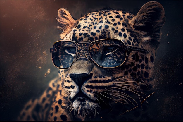 Leopardo con gafas de sol sobre fondo negro