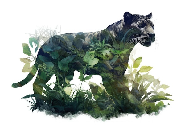 Leopardo en la ilustración de doble exposición de la selva