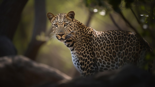 Un leopardo en una jungla con un árbol al fondo.