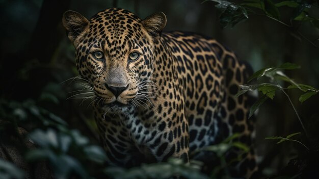 Un leopardo en la jungla con un fondo oscuro.