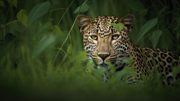 Un leopardo en la jungla con un fondo verde.