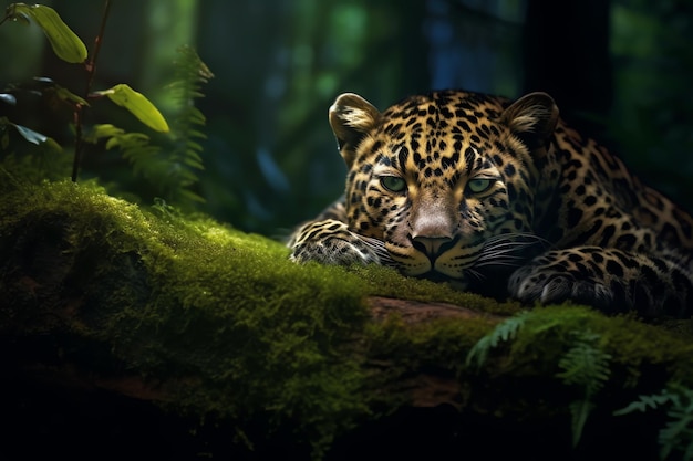 Un leopardo en la jungla con un fondo verde.