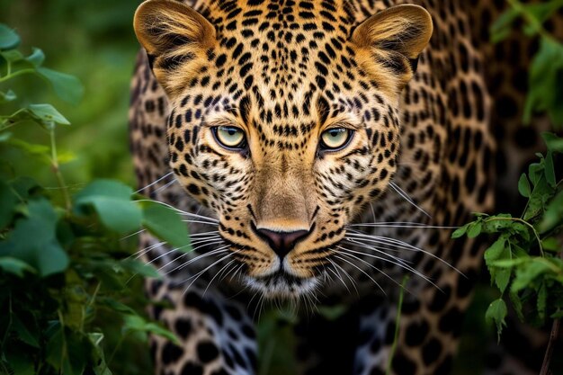 leopardo macho adulto com olhos azuis andando no mato verde em Masai Mara, no Quênia