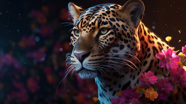 Leopardo majestoso com ilustração de arte digital de flores coloridas IA generativa
