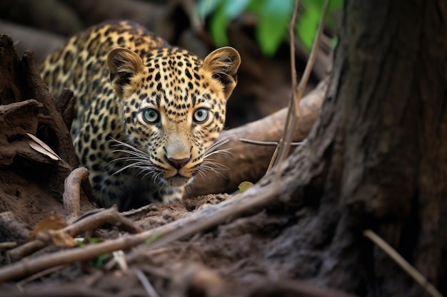 Un leopardo manchado merodeando en un denso bosque