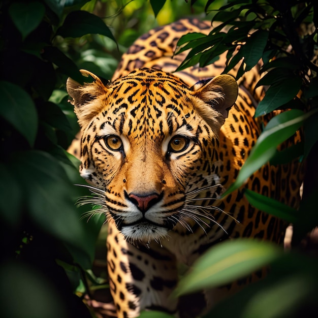 Un leopardo mira a través del follaje de la jungla.