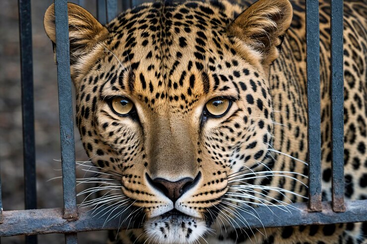 Un leopardo mirando a través de las rejas de su jaula