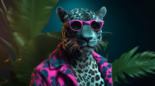 Leopardo de moda con gafas de sol en estilo hipster sobre fondo tropical Hermoso leopardo Fondo de piel de animal de leopardo sin costuras de verano