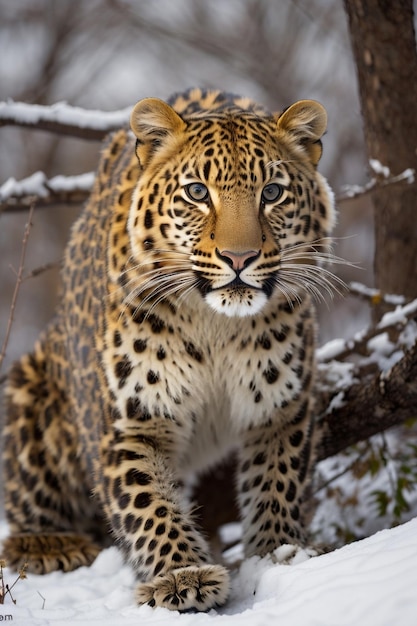 leopardo na neve com neve nos galhos