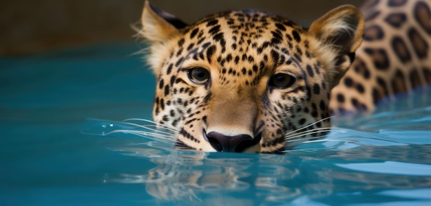 Un leopardo nadando en agua azul