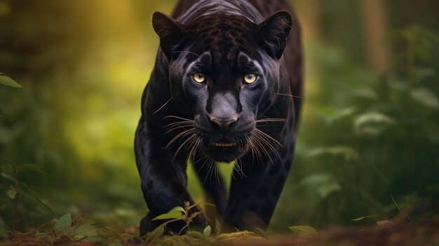 Foto leopardo negro con ojos amarillos en la jungla