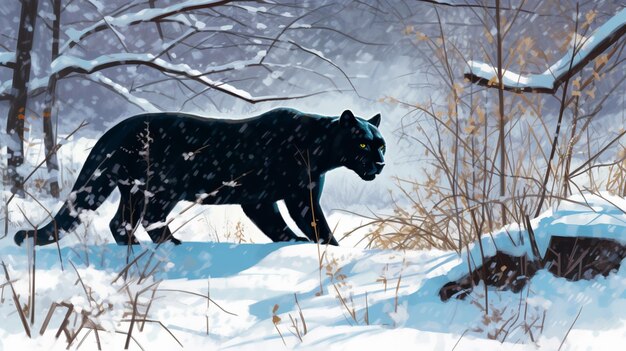 Leopardo negro parado na imagem de pantera de fundo de neve arte gerada por IA
