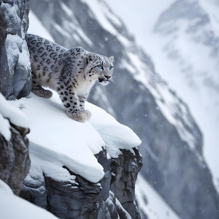 un leopardo de nieve está de pie en una roca en la nieve
