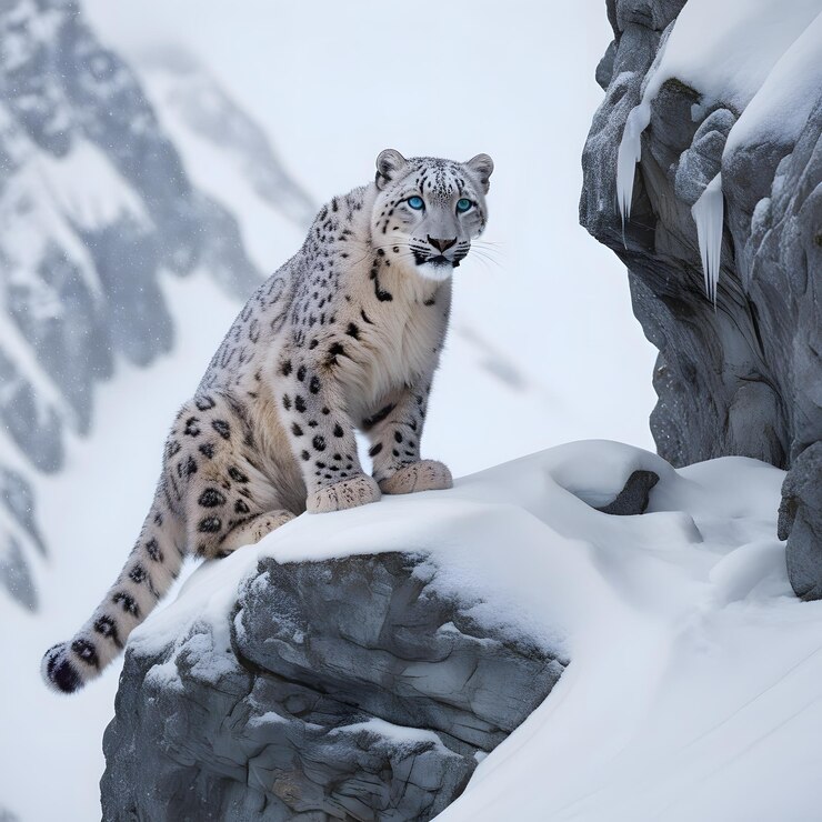 un leopardo de nieve se sienta en una cornisa nevada con una montaña en el fondo