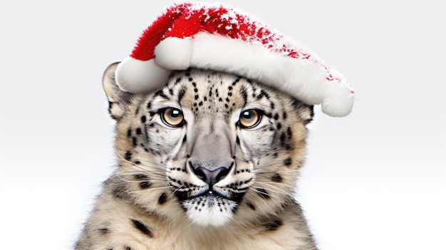 Leopardo de nieve con un sombrero de Papá Noel en un fondo blanco