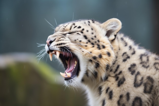 El leopardo de las nieves bostezando mostrando los dientes