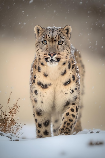 Un leopardo de las nieves camina por la nieve.