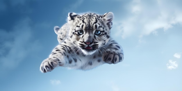 El leopardo de las nieves flotando en el cielo azul