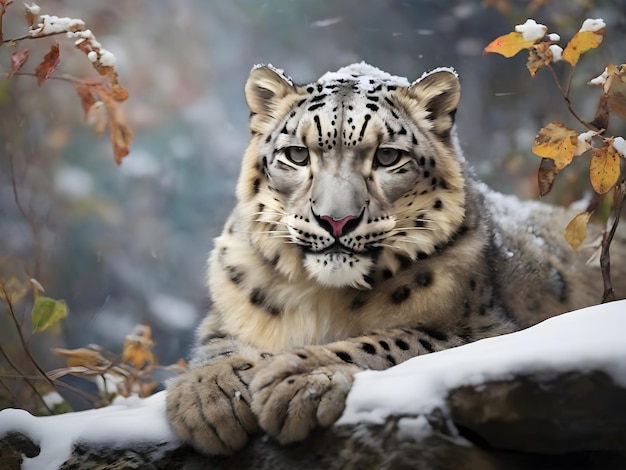 Leopardo de las nieves en medio de las gracias del invierno