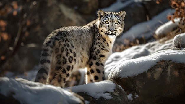 Un leopardo de las nieves se para en la nieve.