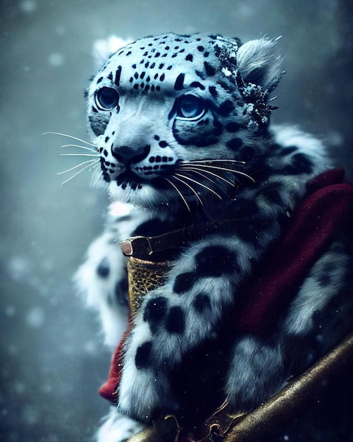 Un leopardo de las nieves con ojos azules y un abrigo rojo con una corona.