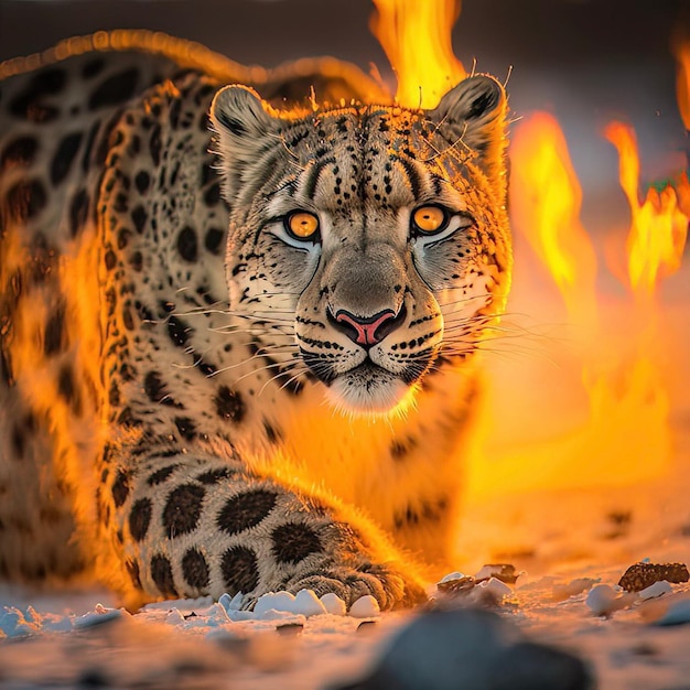 Un leopardo de las nieves con la palabra "en el frente" en la cara.