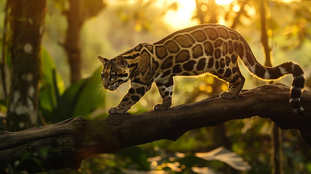 Leopardo nublado caminando en un tronco de madera en el bosque