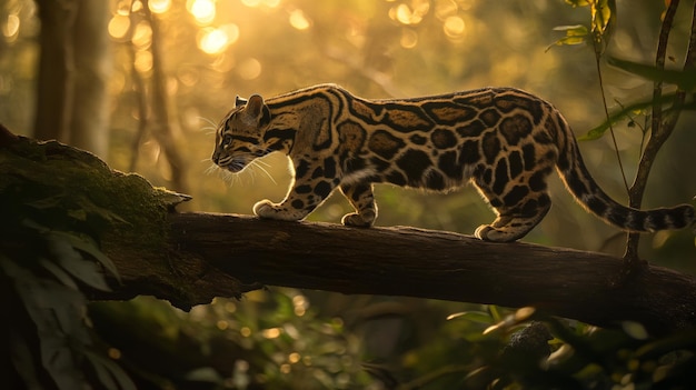 Leopardo nublado caminando en un tronco de madera en el bosque