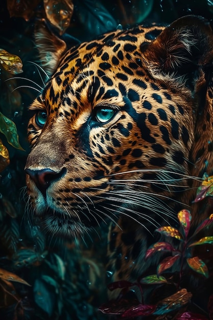 Un leopardo con ojos azules está rodeado de plantas.