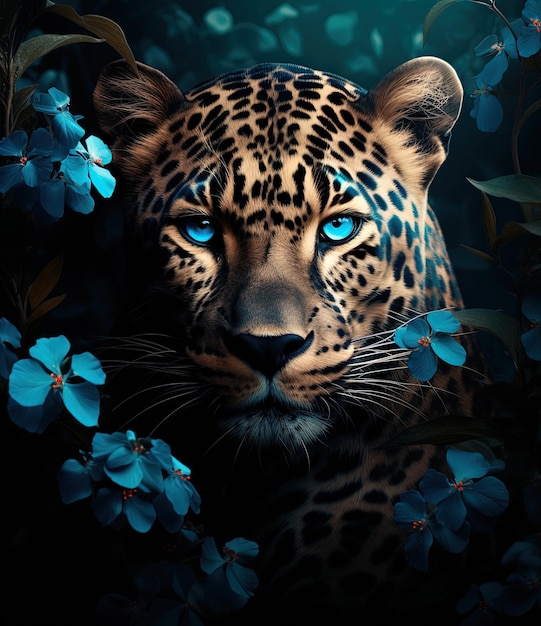 un leopardo con ojos azules se refleja en un espejo