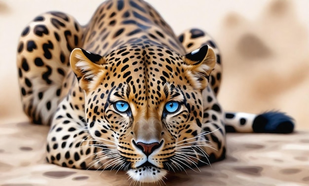 un leopardo con ojos azules sobre una superficie