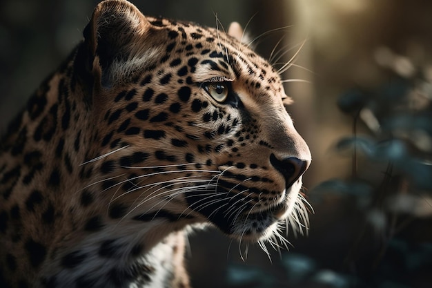 Un leopardo en la oscuridad con un fondo oscuro.