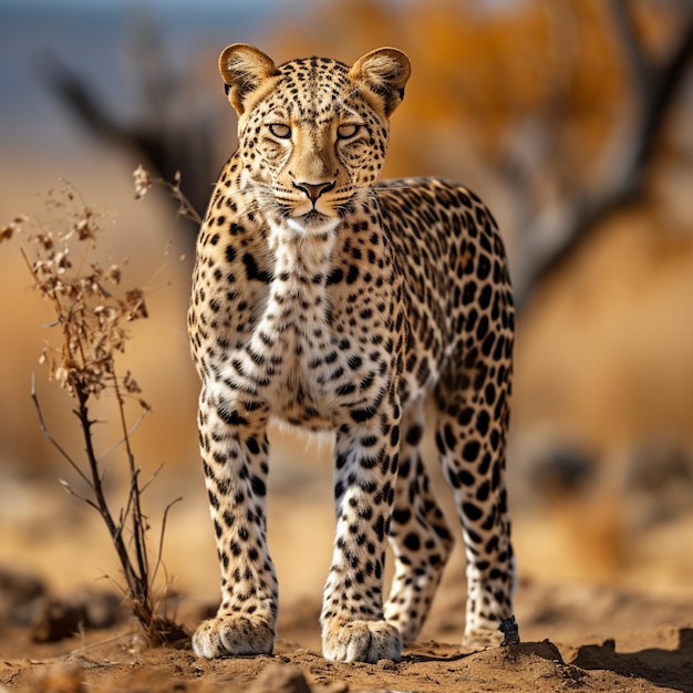 un leopardo de pie en el desierto con un árbol en el fondo