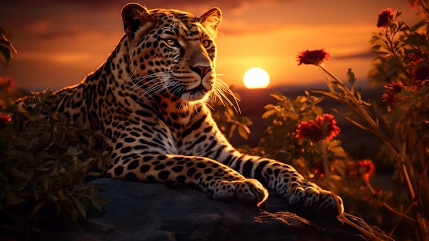 Leopardo en una puesta de sol sobre una roca con un hermoso cielo dorado al fondo