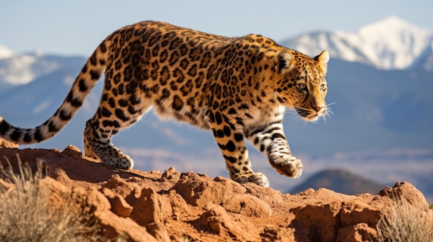 Un leopardo que desciende con gracia de una cornisa rocosa en las montañas del Atlas de Marruecos