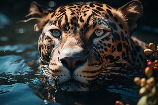 Leopardo quente e cansado nadando em água fria